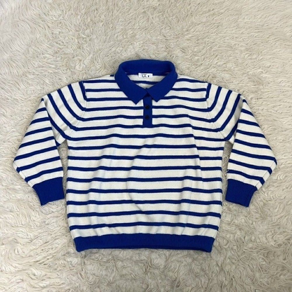 Womens Vintage 70s Acrylic Women Henley Sweater Large White Blue Striped Medium